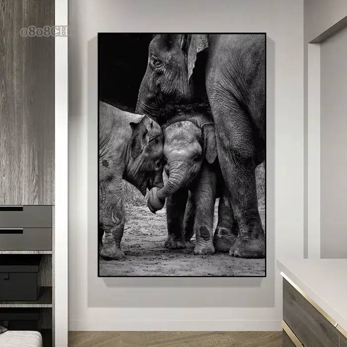 Peinture sur toile d'éléphants d'animaux noirs et blancs