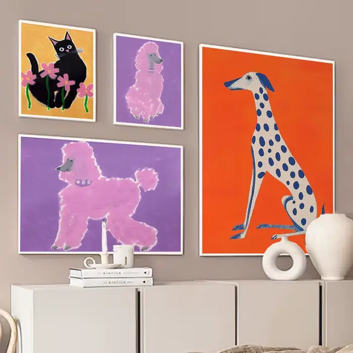 Poodle rose fantaisie chat chien Art impression peinture affiches abstraites contemporaines pépinière enfants chambre d'enfants Dopamine décor à la maison