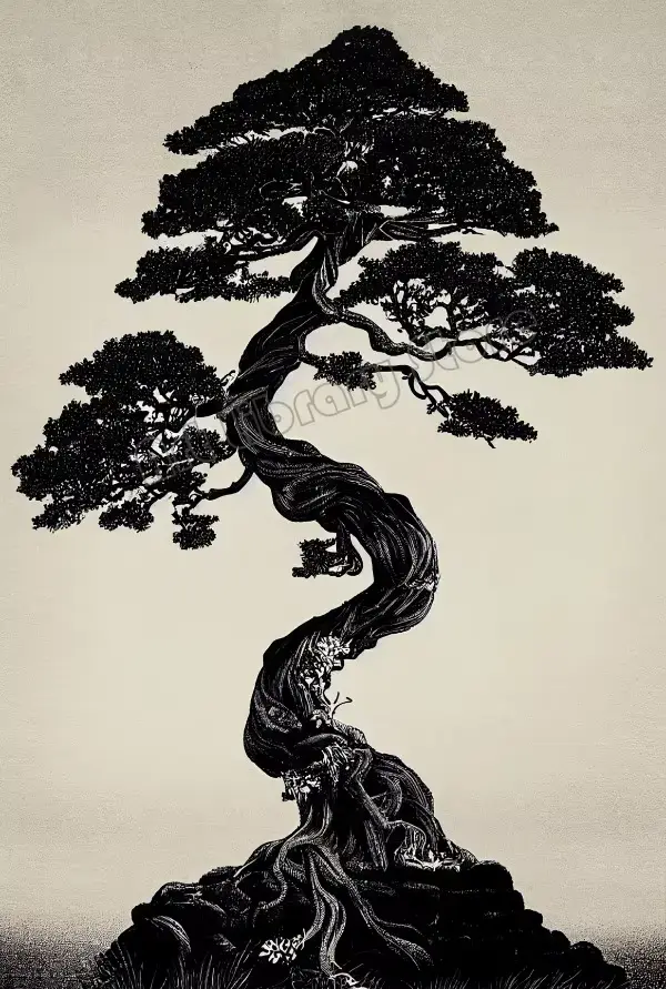 Affiche Paysage Zen Japonais AZNM, Arbre Bonsaï, Pagode Pacifique, Temple, Fleurs de Cerisier, Peint