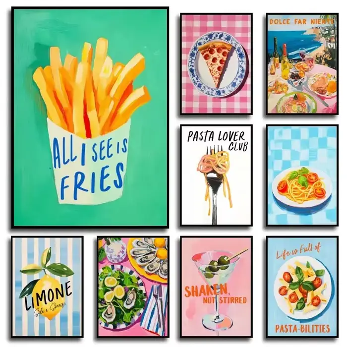 Affiche de fruits et vin alimentaires, peintures sur toile, Pizza, pâtes, avocat, Sushi, images d'art murales pour décoration de maison et de cuisine, sans cadre