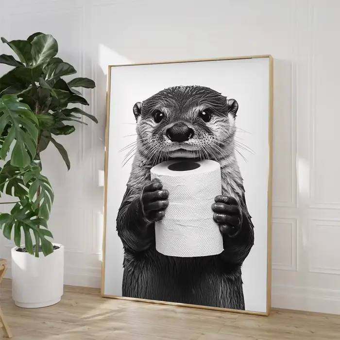 Highland vache loutre chat raton laveur avec papier toilette affiche impression toile peinture salle de bain mur Art