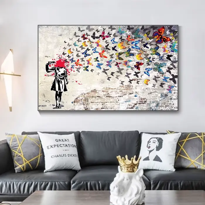 Banksy Art fille avec papillon Graffiti toile peinture rue Art affiche et impressions photos murales pour salon décor à la maison