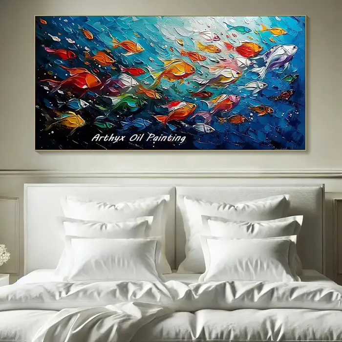 Arthyx, peinture à l'huile sur toile d'école de poissons d'art texturé d'océan bleu