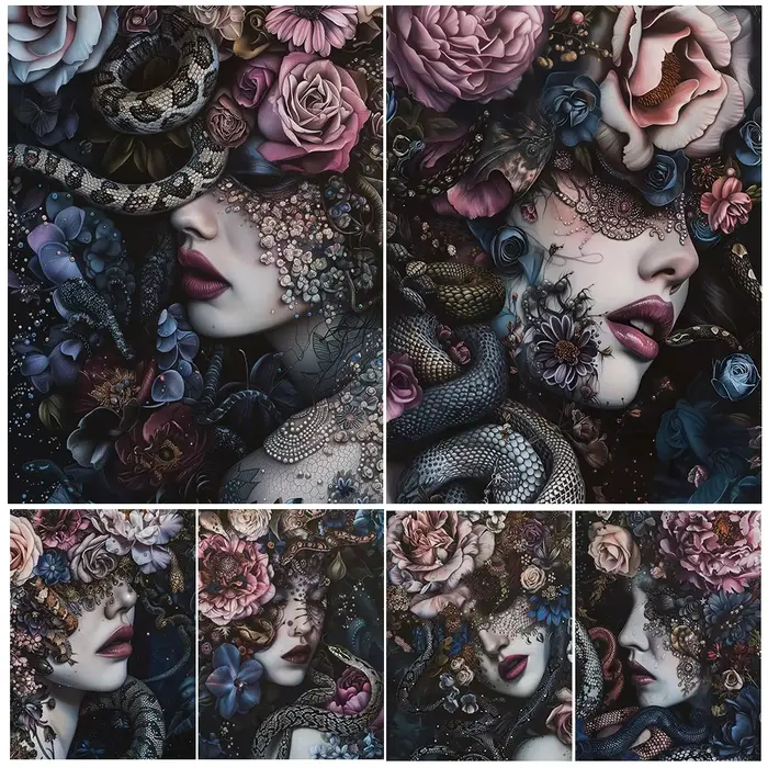 Belle femme, fleurs et serpent