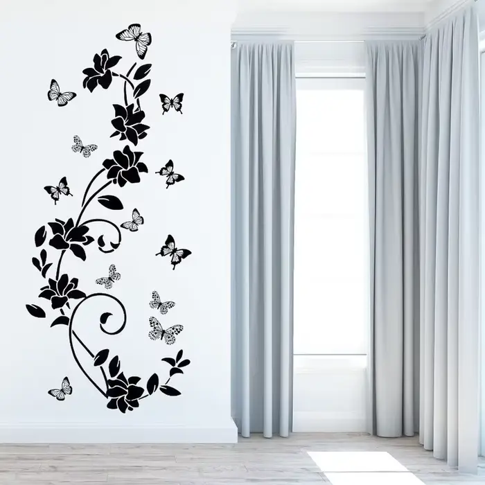 Autocollants muraux en vinyle anti-collision motif fleurs noires