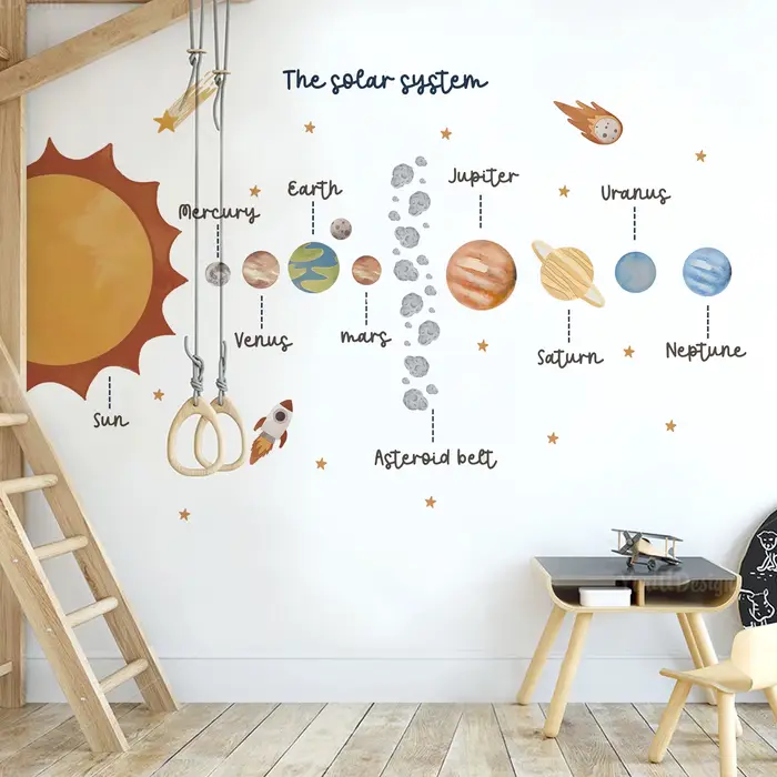 Autocollant mural éducatif de l'espace du système solaire, autocollant en vinyle pour chambre d'enfant, chambre de garçon, compte à rebours, salle de jeux, décoration de salon et de maison