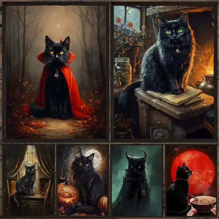 Portrait de chat noir diable et de chat Antique