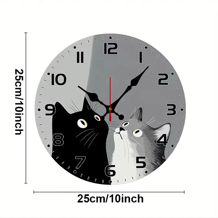 Horloge murale suspendue silencieuse ronde en bois avec chats noirs et blancs, adaptée au salon, au