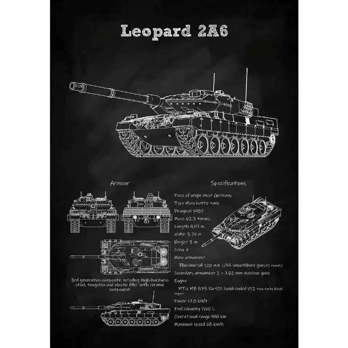 Affiche noire avec dessin technique de chars, char lourd allemand, armée américaine, guerre mondiale