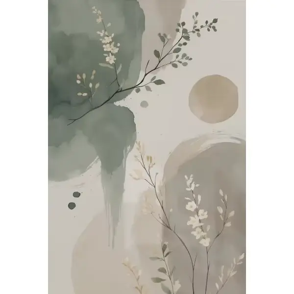 Affiche florale moderne Zen Japandi, peinture sur toile verte sauge abstraite apaisante et séène, Ar