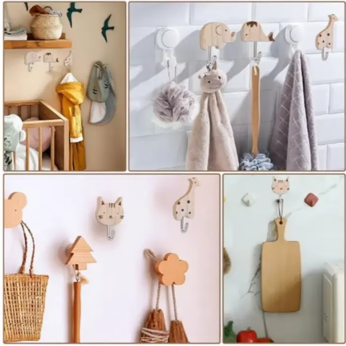 Crochets muraux en bois à l'effigie d'animaux de dessin animé mignons