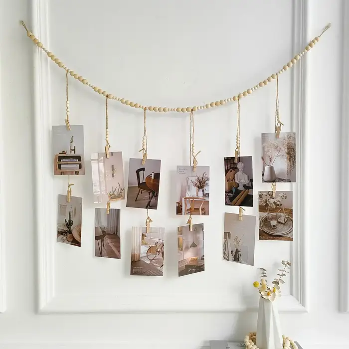 Présentoir de photos suspendu, guirlande de perles en bois, style Boho, tenture murale pour chambre 