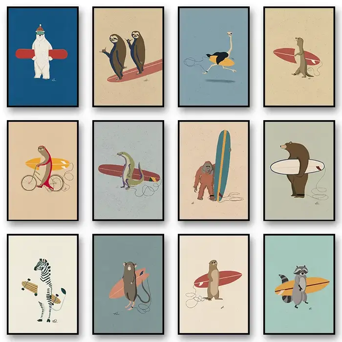 Affiches d'animaux de surf amusants