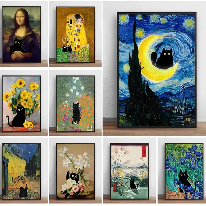 Peintures célèbres Mona Lisa nuit étoilée avec drôle chat noir affiche toile peinture tournesol Reproduction mur Art décor à la maison
