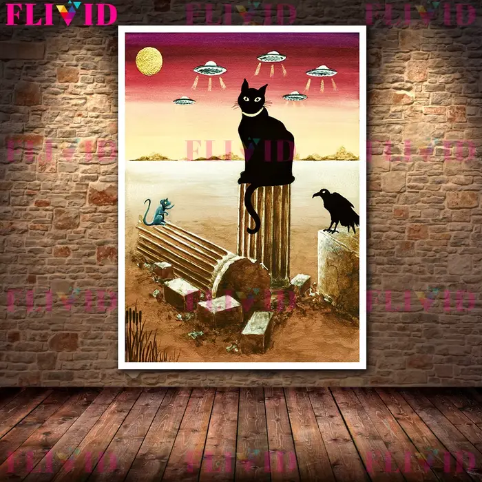Affiche et impression de chat noir mystérieux, art mural abstrait, paysage désolé, chat magicien et 
