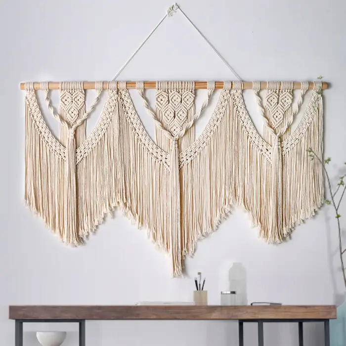 Grande tapisserie murale suspendue en macramé avec bâton en bois, rideau à pampilles bohème tissé à 