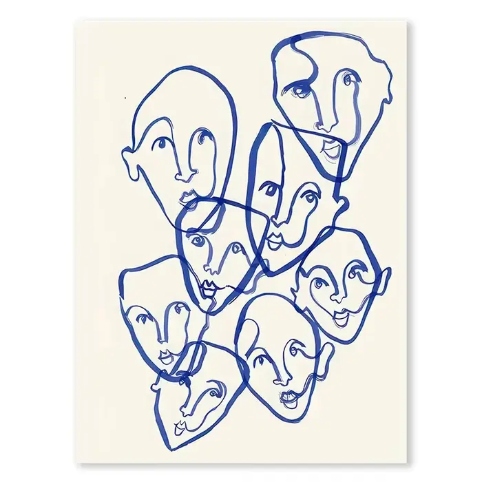 Toile de lignes de visage géométriques bleues abstraites, peinture courbe pour fille, Vase colombe, 