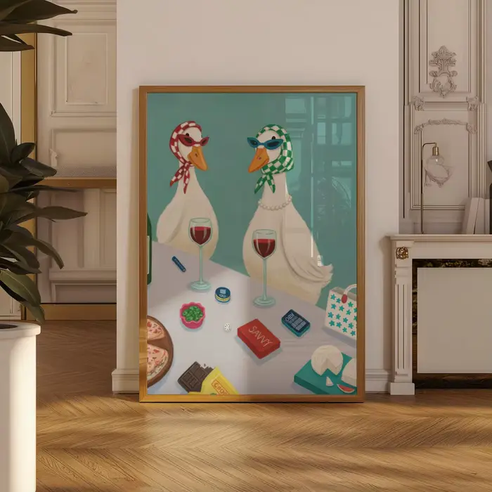 Affiche imprimable en toile d'art mural de vin de canard drôle avec une élégante scène de fromage