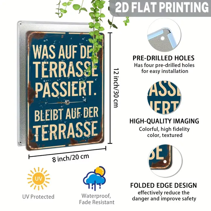 Décoration murale en métal vintage avec citation amusante en allemand pour patio - Art mural extérieur rétro « Ce qui