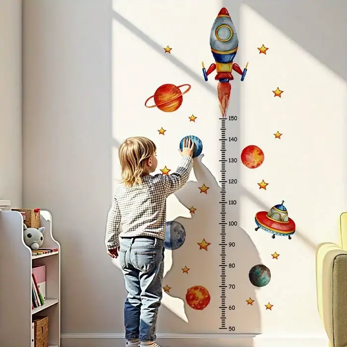 Autocollants muraux pour tableau de croissance des enfants, 2 feuilles – Suivi de la taille et de la longueur amovible avec fusée, planètes, étoiles et règle numérotée