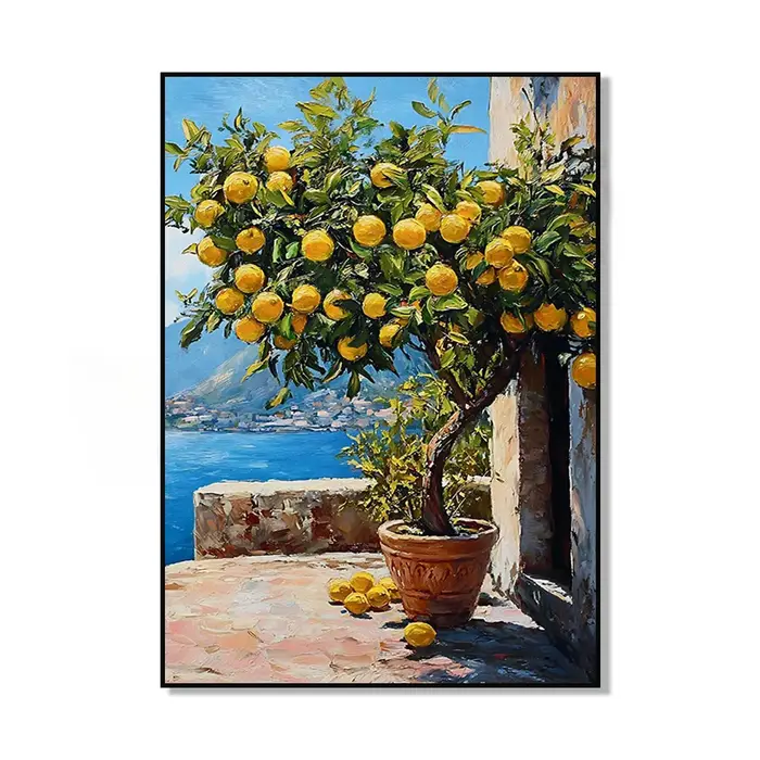 1 toile murale moderne style méditerranéen avec motif citron, affiches de citronniers côtiers non encadrées pour la décoration estivale du salon