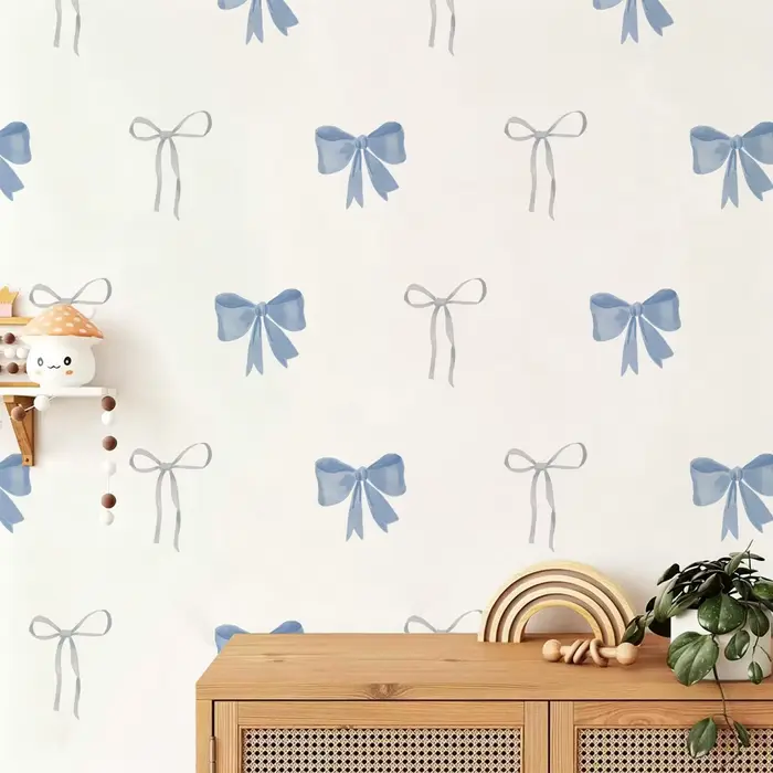 Autocollants muraux nœuds bleus en aquarelle, imperméables, à peler et coller, pour chambre d'enfant, cadeaux et décoration