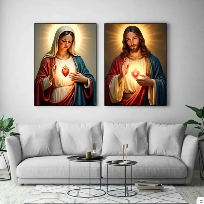 Peinture sur toile du Sacré-Cœur de Jésus et de la Vierge Marie