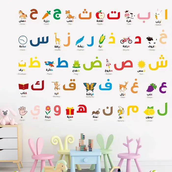 Autocollant mural alphabet islamique de dessin animé, pour chambre d'enfant, école maternelle, arabe
