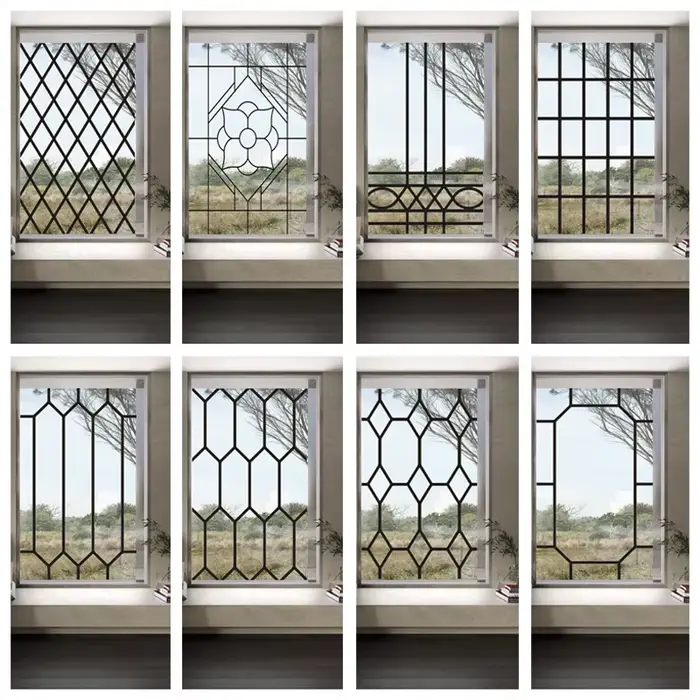 Film de Vitrail Transparent, Autocollant en Verre, Style Fer, Ligne Noire, Porte de Bureau, Anticollision, Décoration de Maison