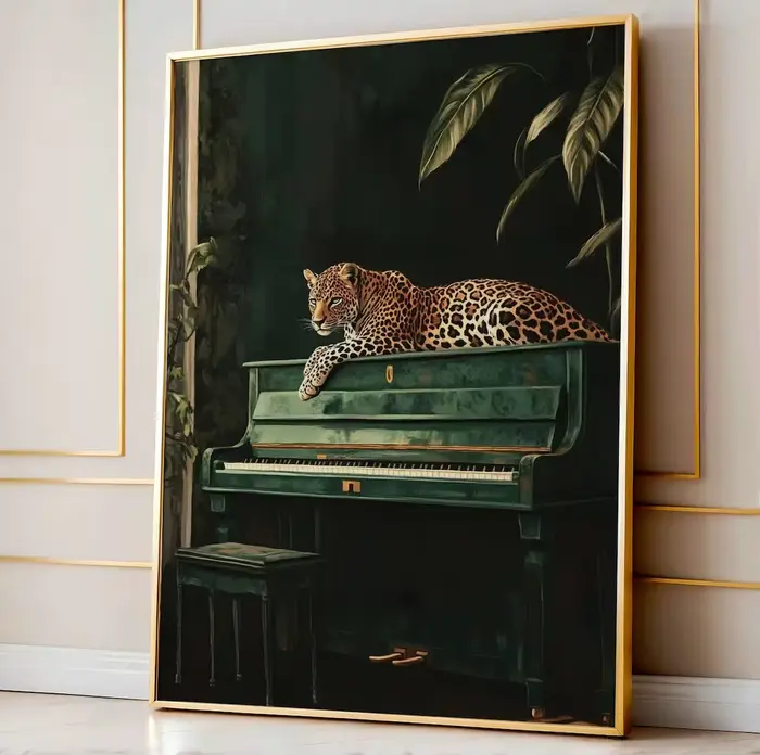 Art mural léopard élégant sur Piano vert