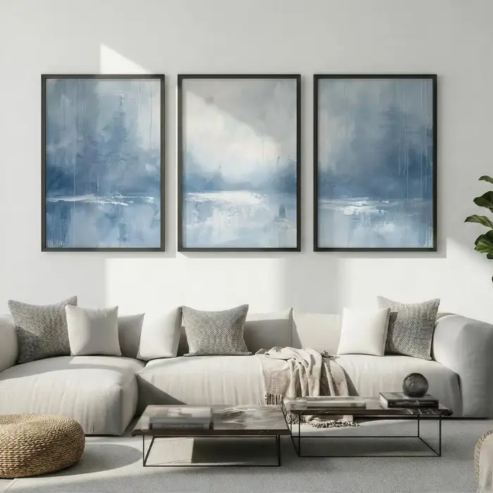 Lot de 3 tableaux muraux abstraits bleu ardoise et blanc, affiches de paysage côtier, forêt brumeuse