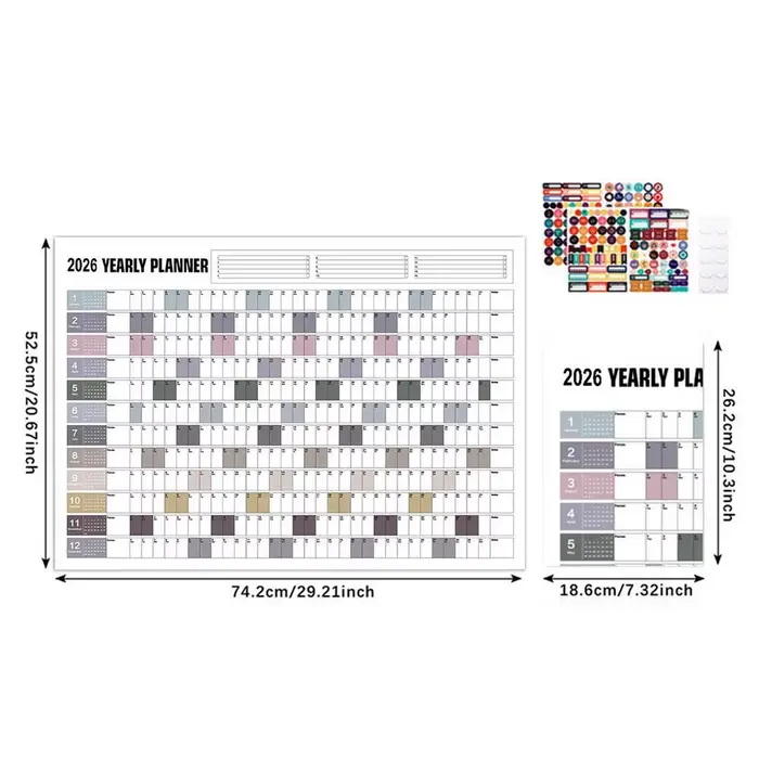 Affiche de calendrier mural annuel 2026 avec autocollants, grand calendrier de planification, outil 