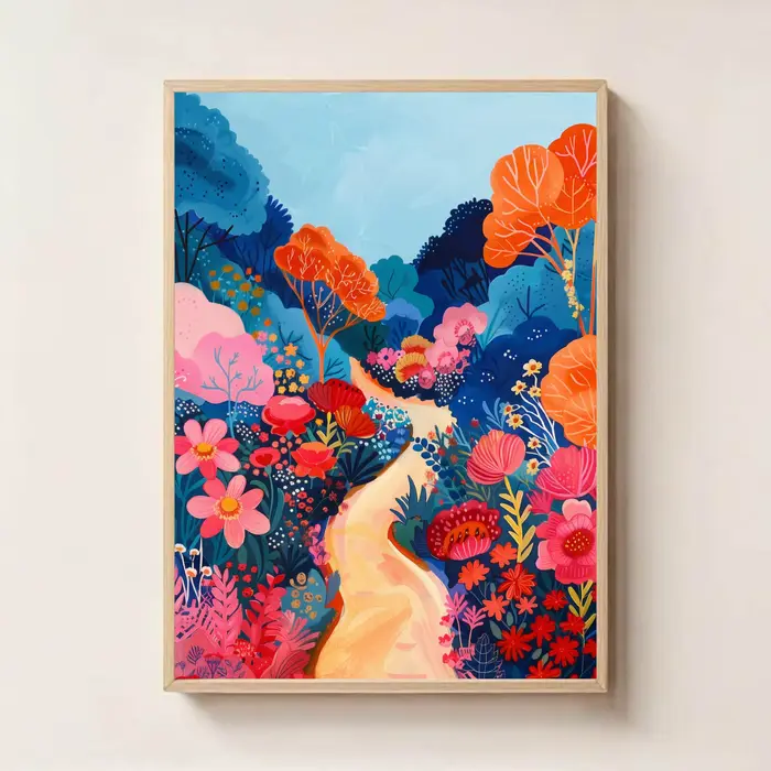 Affiches Murales d'Art Illustré de Jardins, Montagnes Éloignées, Fleurs Colorées, Paysages Naturels,