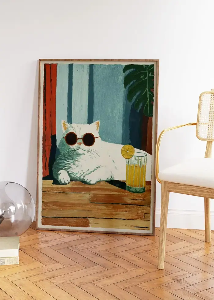 Affiche Cool Cat Lemonade | Illustration d'un chat blanc avec des lunettes de soleil | Impression artistique Summer Cat