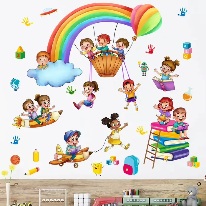 Dessin animé enfants jouent jeu arc-en-ciel autocollant mural auto-adhésif école salle de classe