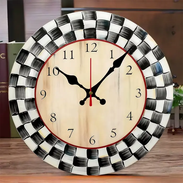 Horloge murale suspendue silencieuse ronde en bois à grille noire et blanche