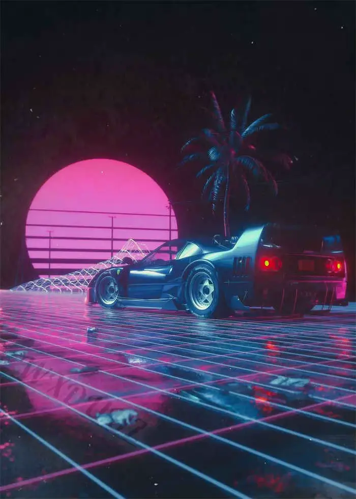 Neon Night City Paysage Affiches de voiture Cyberpunk rétro des années 80, peinture esthétique pour