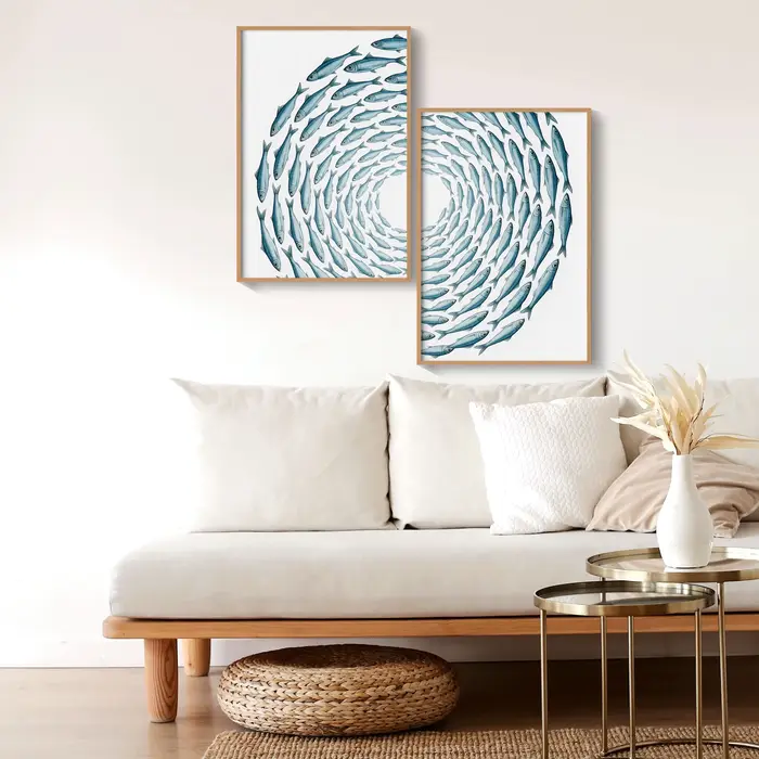 Lot de 2 affiches murales minimalistes d'été sur le thème des sardines