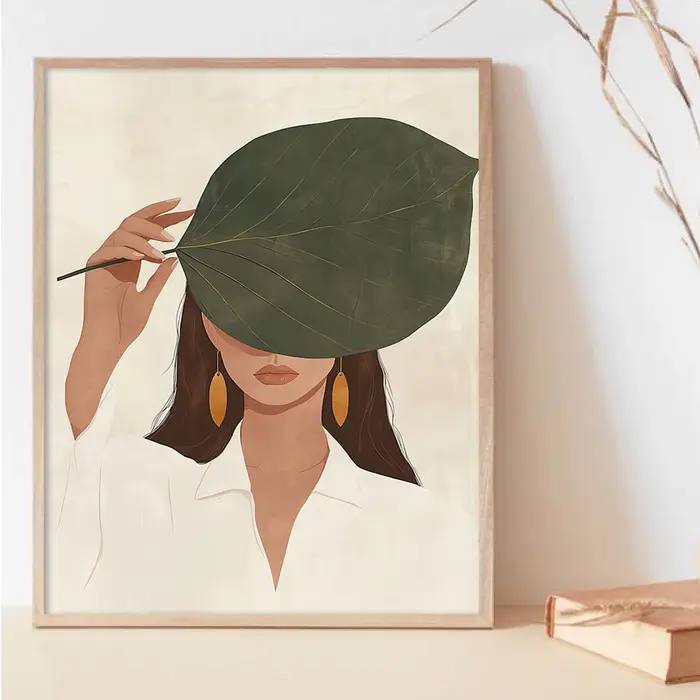 Affiche sur toile « Femme cachant son visage avec des feuilles »