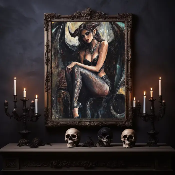 Belle déesse à cornes imprimée d'art Lilith