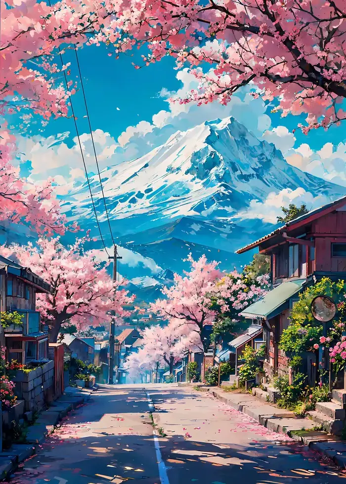 Affiche de Village de fleurs de cerisier japonais, flore, arbre, chemin de rue, mont Fuji, peinture