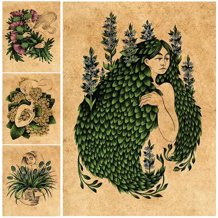 Toile d'art murale Vintage avec plante et fleur pour fille