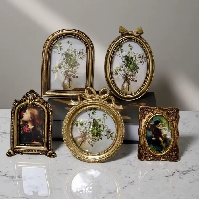 Cadre photo vintage doré, rond, ovale, arqué, rétro, pour accrocher au mur, à poser sur table, décoration intérieure