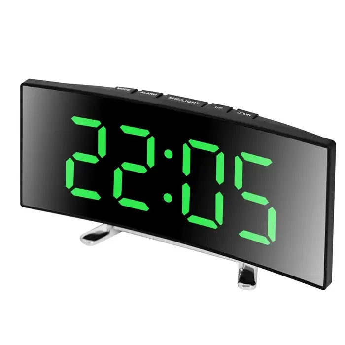 Horloge électronique incurvée créative, grand écran LED, batterie enfichable, réveil miroir à usage