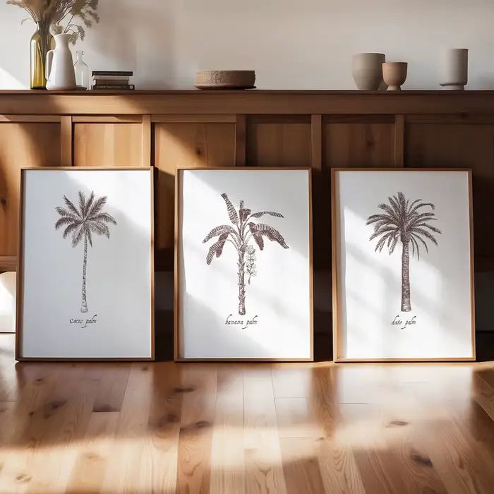 Lot de 3 tableaux sur toile Thème Palmiers et Côtier, Style Minimaliste Estival, Surf, Plage, Décora