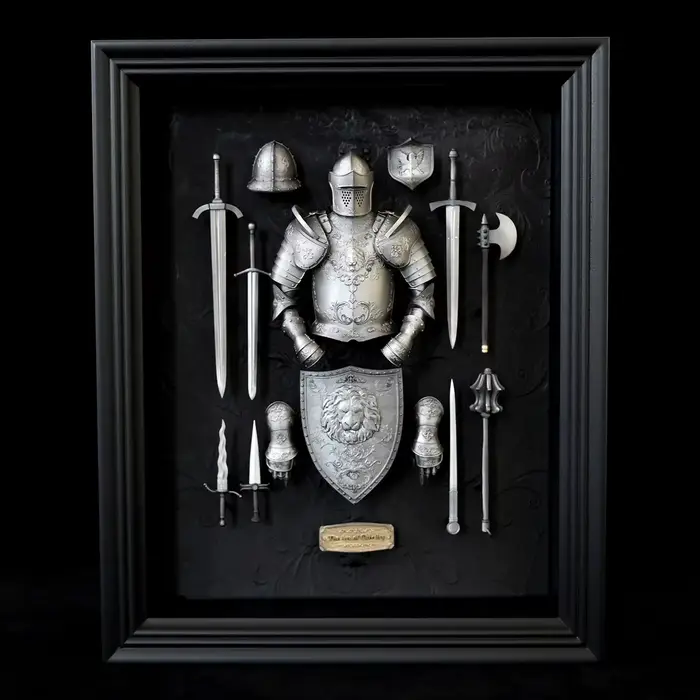 Cadre photo en résine époxy fait main et peint à la main, représentant une armure de chevalier médiéval anglais-français, décoration de bureau et de maison