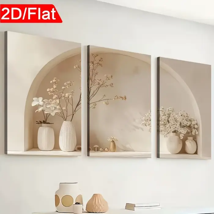 3 tableaux sur toile encadrés de style minimaliste moderne, motif paysage floral et végétal, pour dé