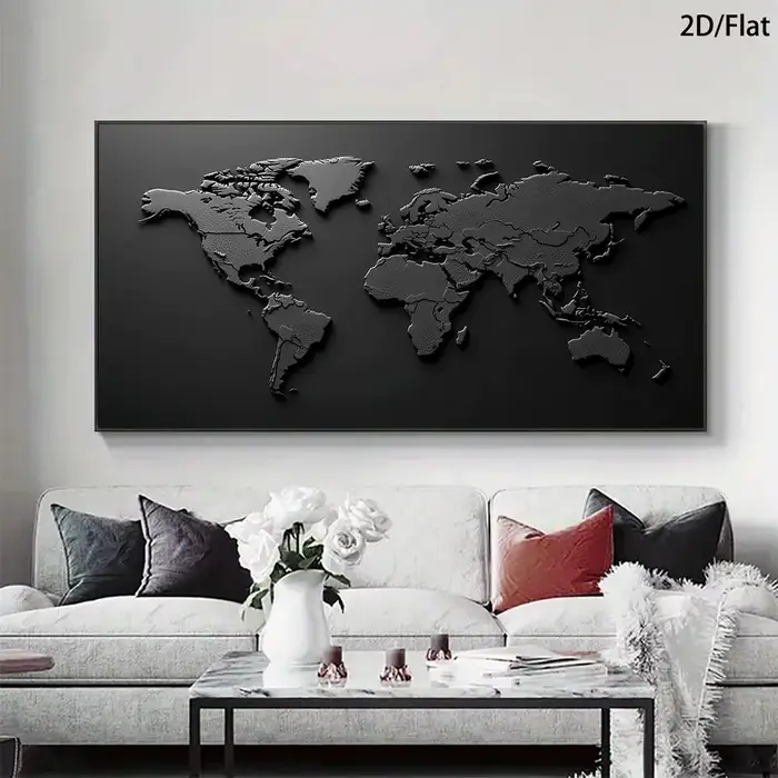 1 Murale abstraite moderne en relief de la carte du monde - Affiche sur toile imprimée noir et blanc pour la décoration