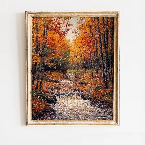 Affiche de paysage naturel d'automne, champ doré, arbre, forêt, paysage d'automne rustique, peinture