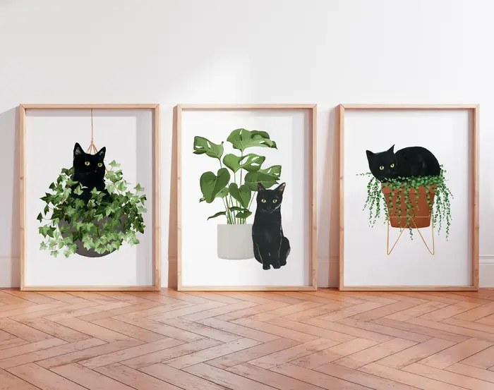 Affiche murale imprimée chat et plante